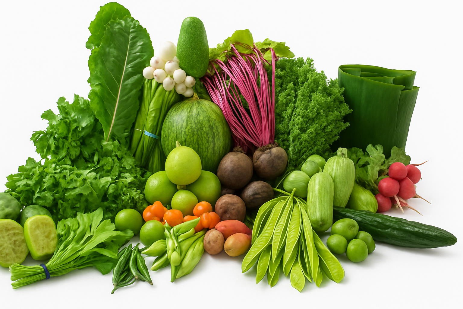 Assorted produce staged on a dock